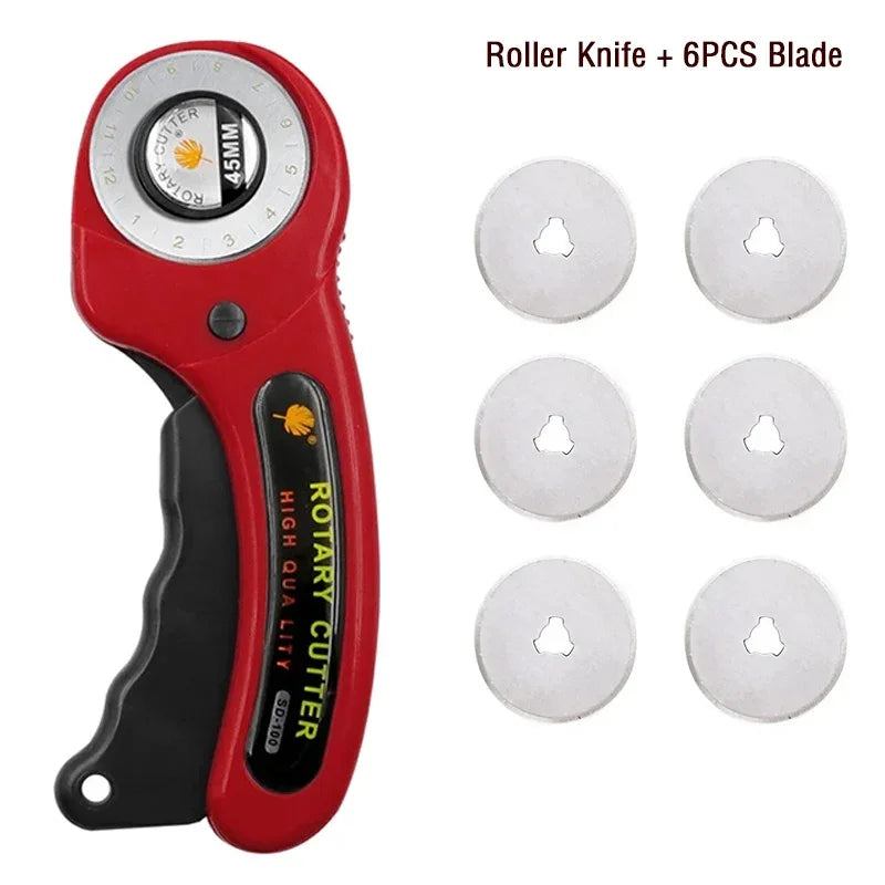 Red rotary knife with a black handle and six replacement blades shown next to it.