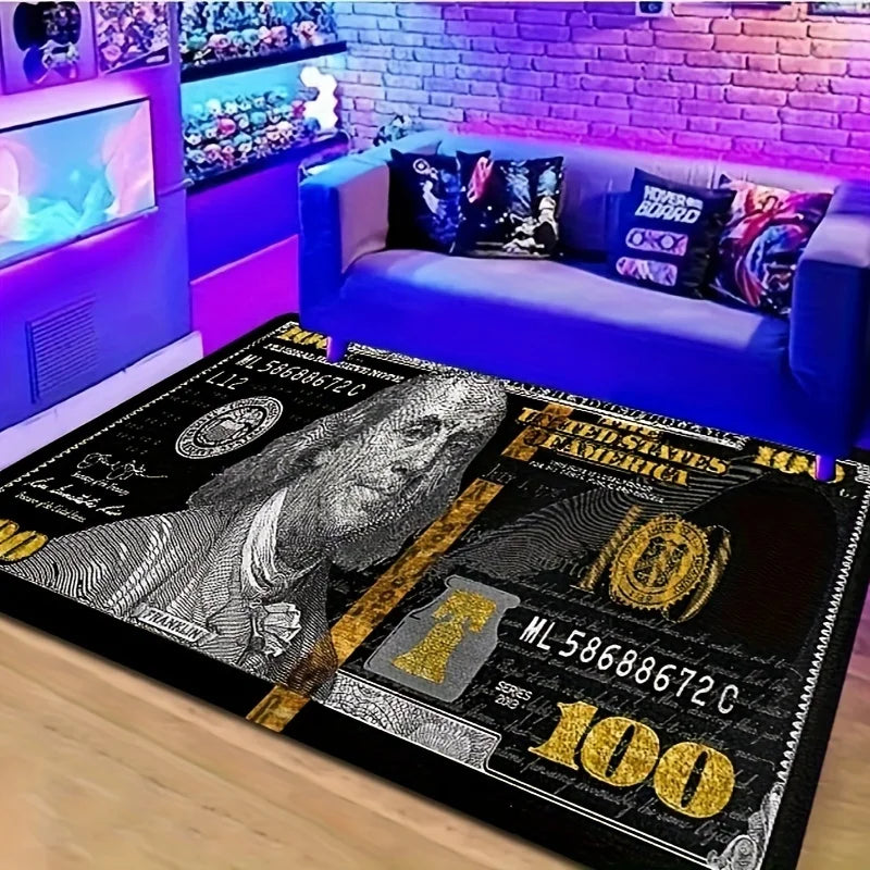 A black non-slip door mat featuring a funny dollar print design for an entryway or kitchen.