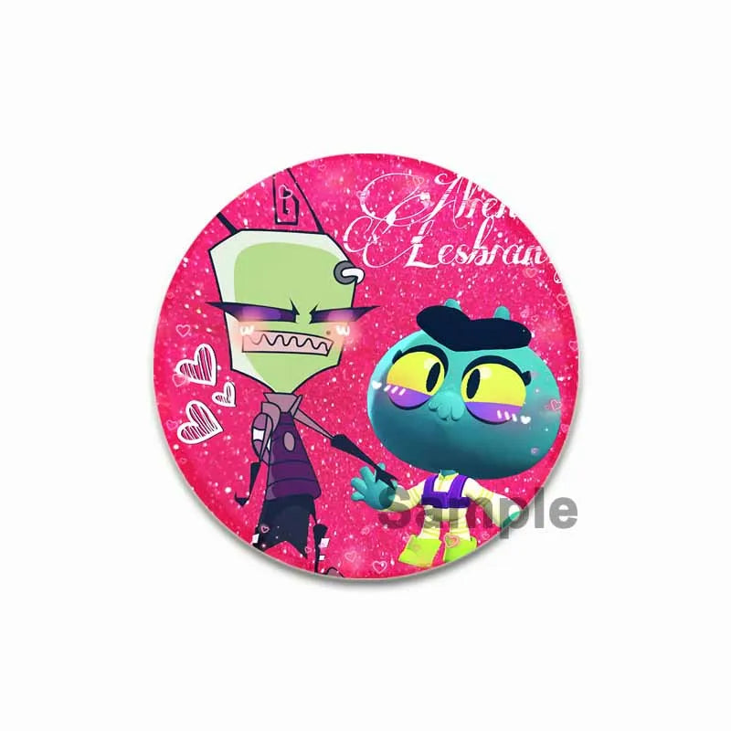 An enamel pin featuring a stylized green alien character on a pink background.