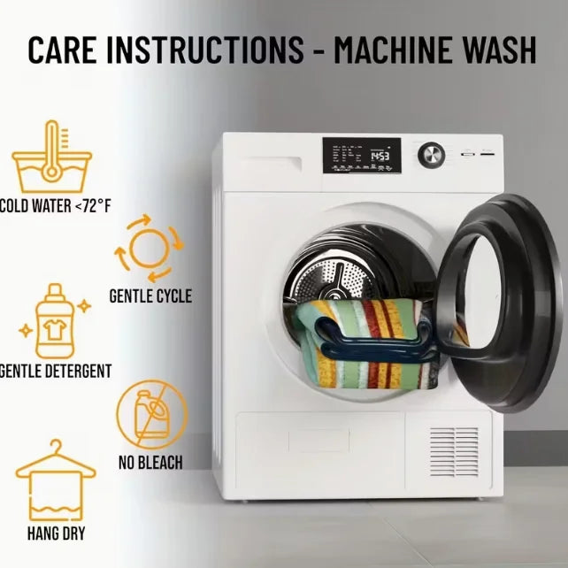 Care instructions for a machine wash showing symbols for cold water, gentle detergent, no bleach, and hang dry.