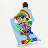 A light blue flannel blanket featuring a rainbow design and colorful cartoon characters.