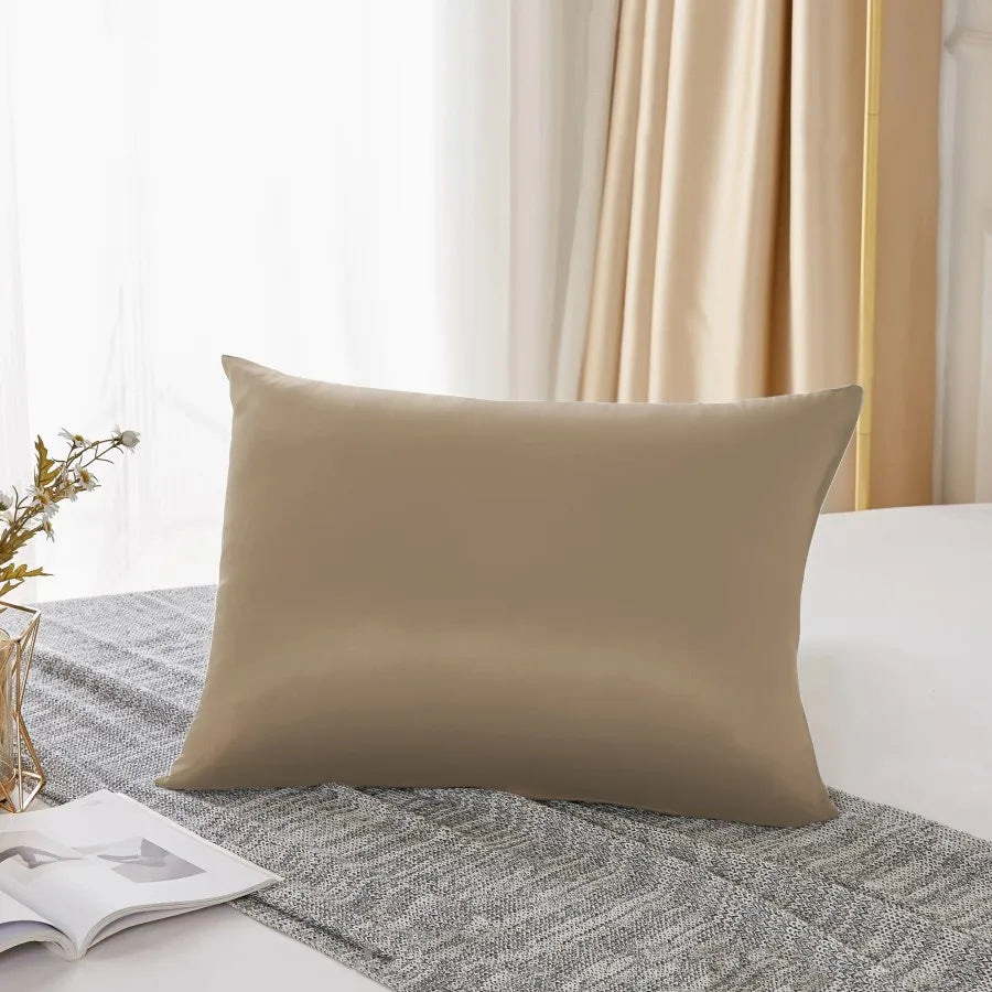 A beige pure mulberry silk pillowcase resting on a gray linen fabric next to a window.