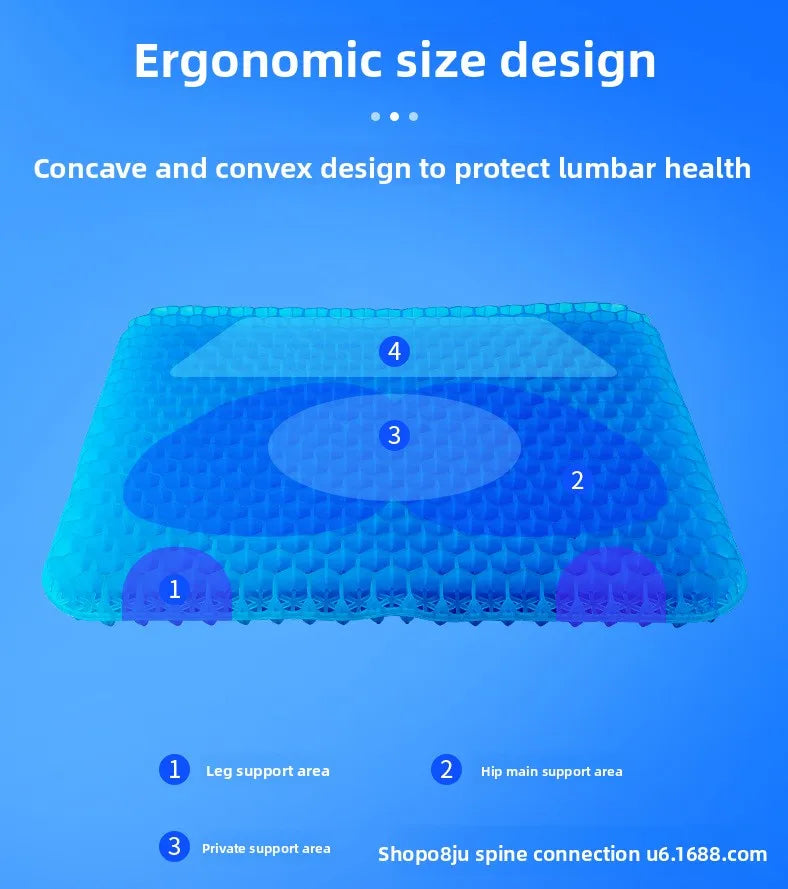 Diagram showing concave and convex design features for lumbar protection in an ergonomic seat cushion.