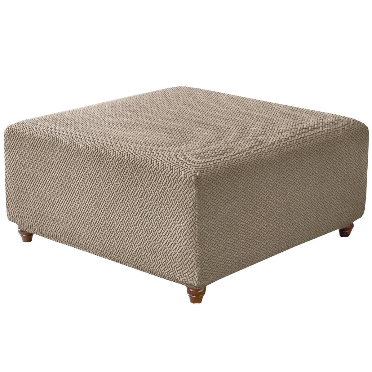 A square ottoman cover in a beige stretch jacquard fabric with a textured weave.