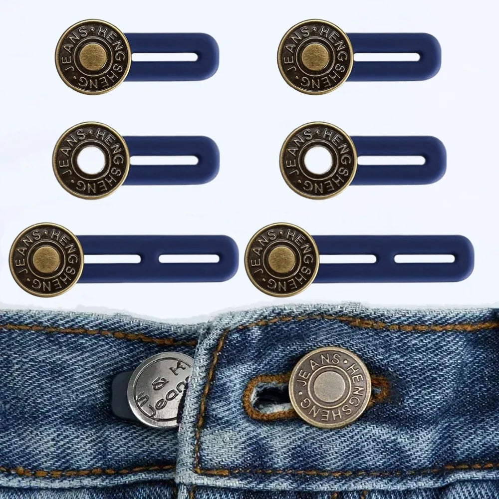 Set of five universal waist extender buttons for jeans and pants in gold and navy blue.