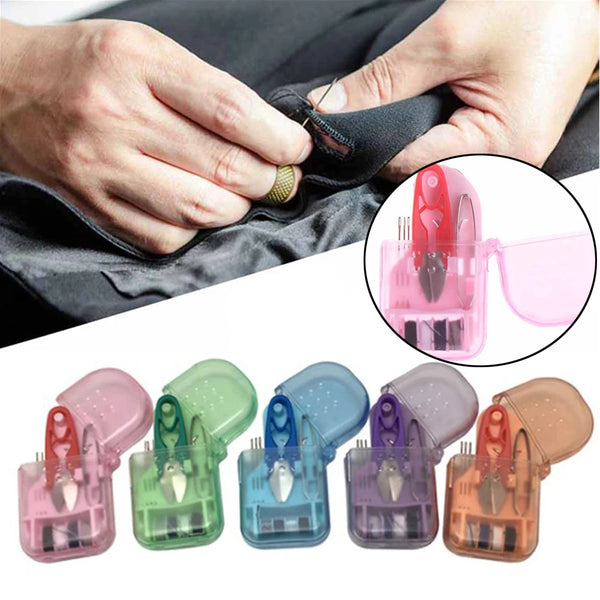 A collection of portable sewing kits in various colors including pink, green, blue, purple, and orange.