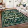 A dark teal area rug with a gold snake print and foliage pattern placed in a living room setting.