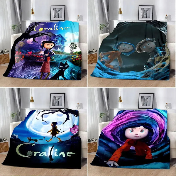 Princess Coraline animated print blanket featuring a dark fantasy scene with a girl and a black cat