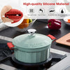 A teal silicone pot handle cover with a silver lid is shown on a stovetop.