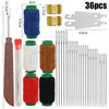 A precision sewing kit showing a leather tool, various colored thread spools, and numerous metal hand needles.