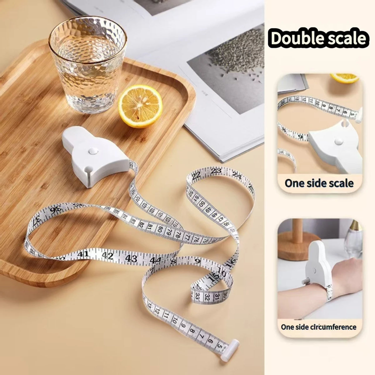 A double scale showing a white measuring tape and a digital scale for body measurement.