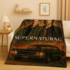 A large canvas print featuring characters and a classic car, suitable for a cozy flannel throw blanket.