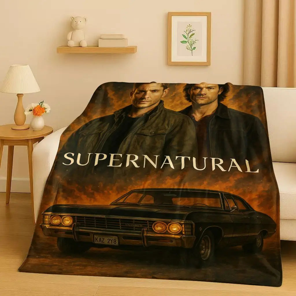 A large canvas print featuring characters and a classic car, suitable for a cozy flannel throw blanket.