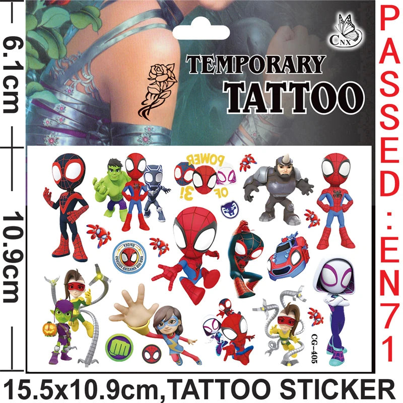 A sticker pack of Spider-Man and his friends temporary tattoos featuring various characters in red, green, and blue.