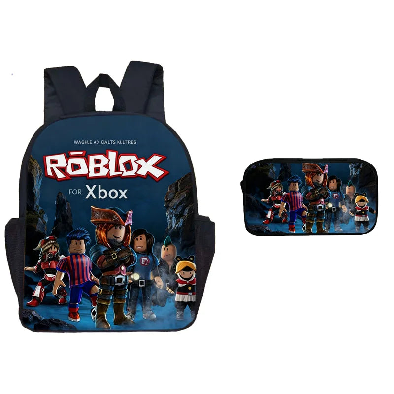 A black Roblox themed backpack with a dual-sided pen case featuring various Roblox characters.