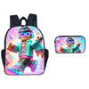 A dual-sided backpack and pen case set featuring a Roblox character design with neon accents.