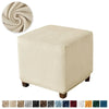 A beige velvet ottoman slipcover with a decorative swirl pattern shown next to the product.