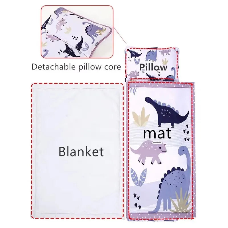 Toddler nap mat set featuring a pillow, blanket, and decorative elephant and dinosaur patterns