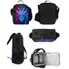 A set of black and purple cartoon crossbody lunch bags for kids, including a pouch and a larger bag.