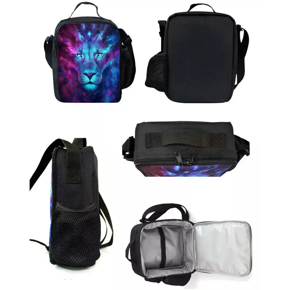 A set of black and purple cartoon crossbody lunch bags for kids, including a pouch and a larger bag.