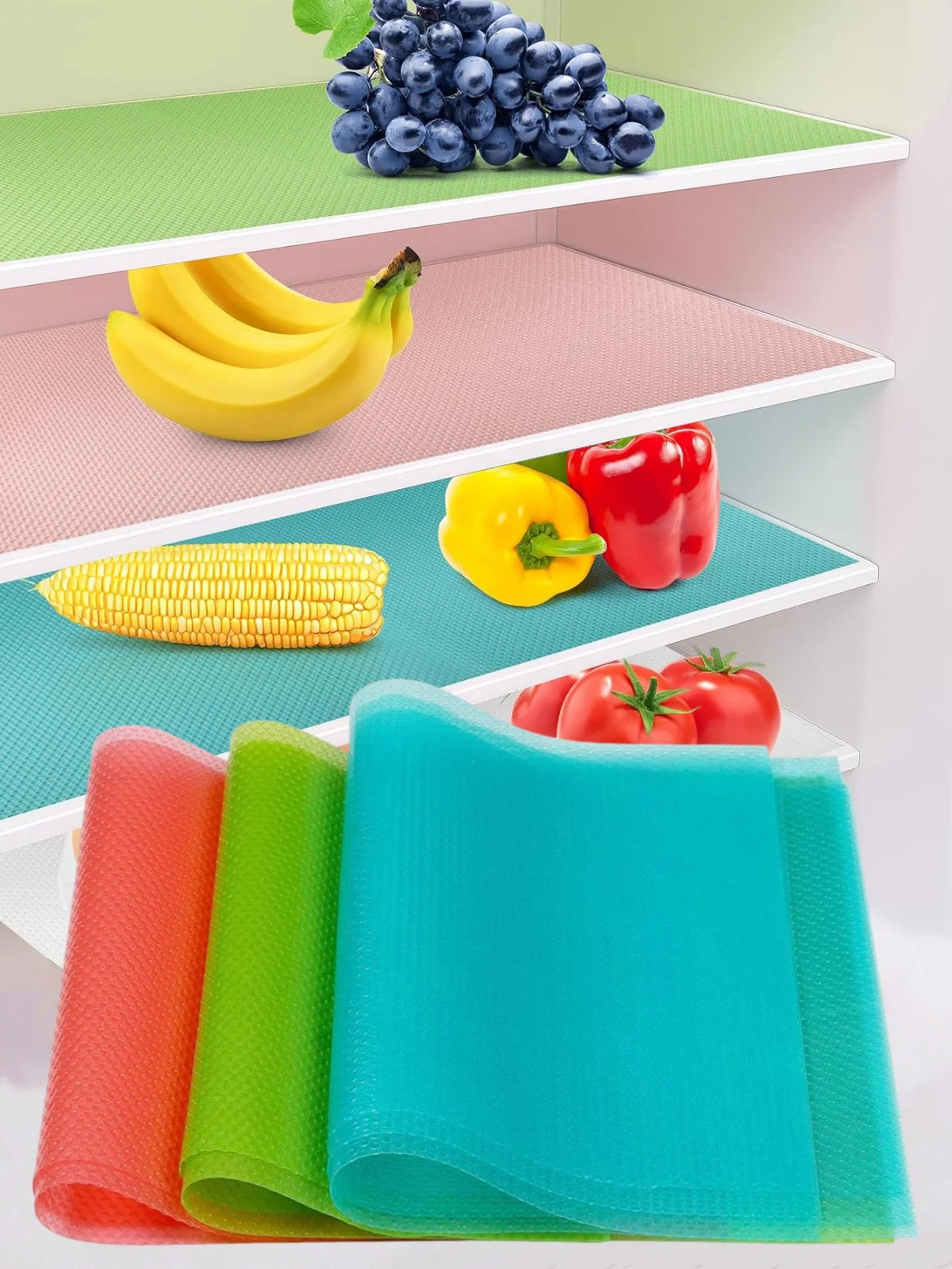 Reusable silicone fridge and drawer liners in various colors like orange, green, and blue