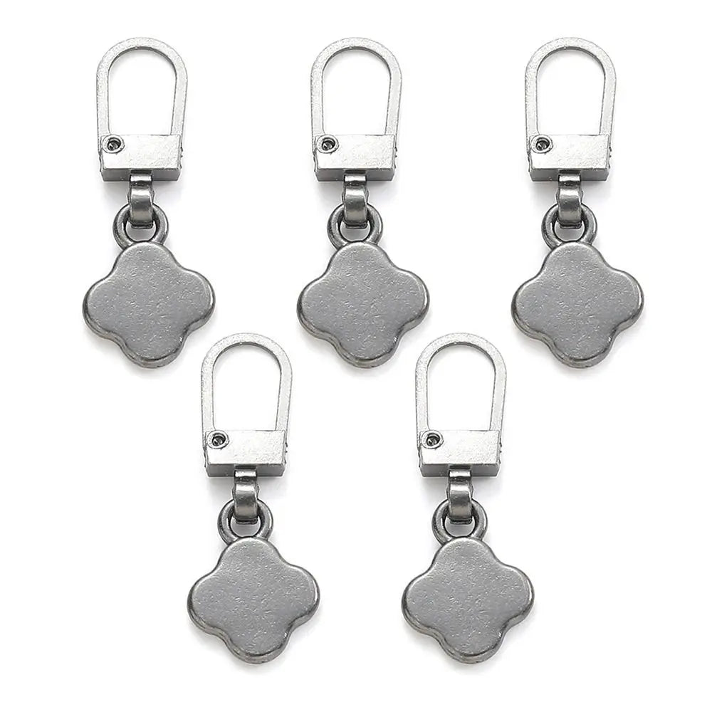 A set of five silver metal zipper pull replacement kits with square-shaped charms.