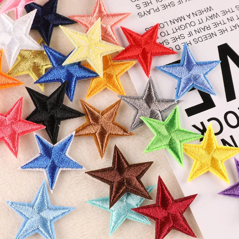 A collection of 20 five-pointed star embroidery patches in various colors like red, blue, yellow, and green.