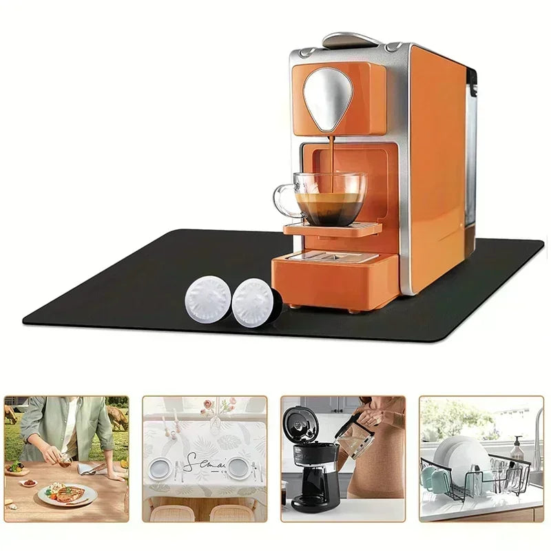 An orange and silver electric dish drying rack with lemon print, shown next to a black non-slip mat.