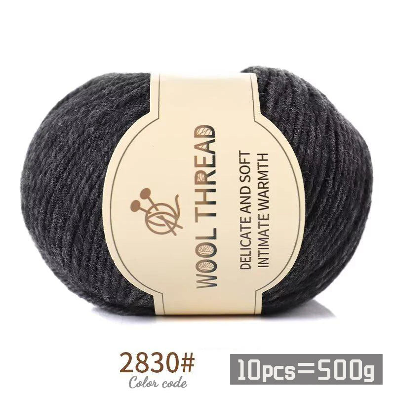 A ball of dark gray wool thread labeled Wool Thread Delicate and Soft Intimate Warmth with a color code.
