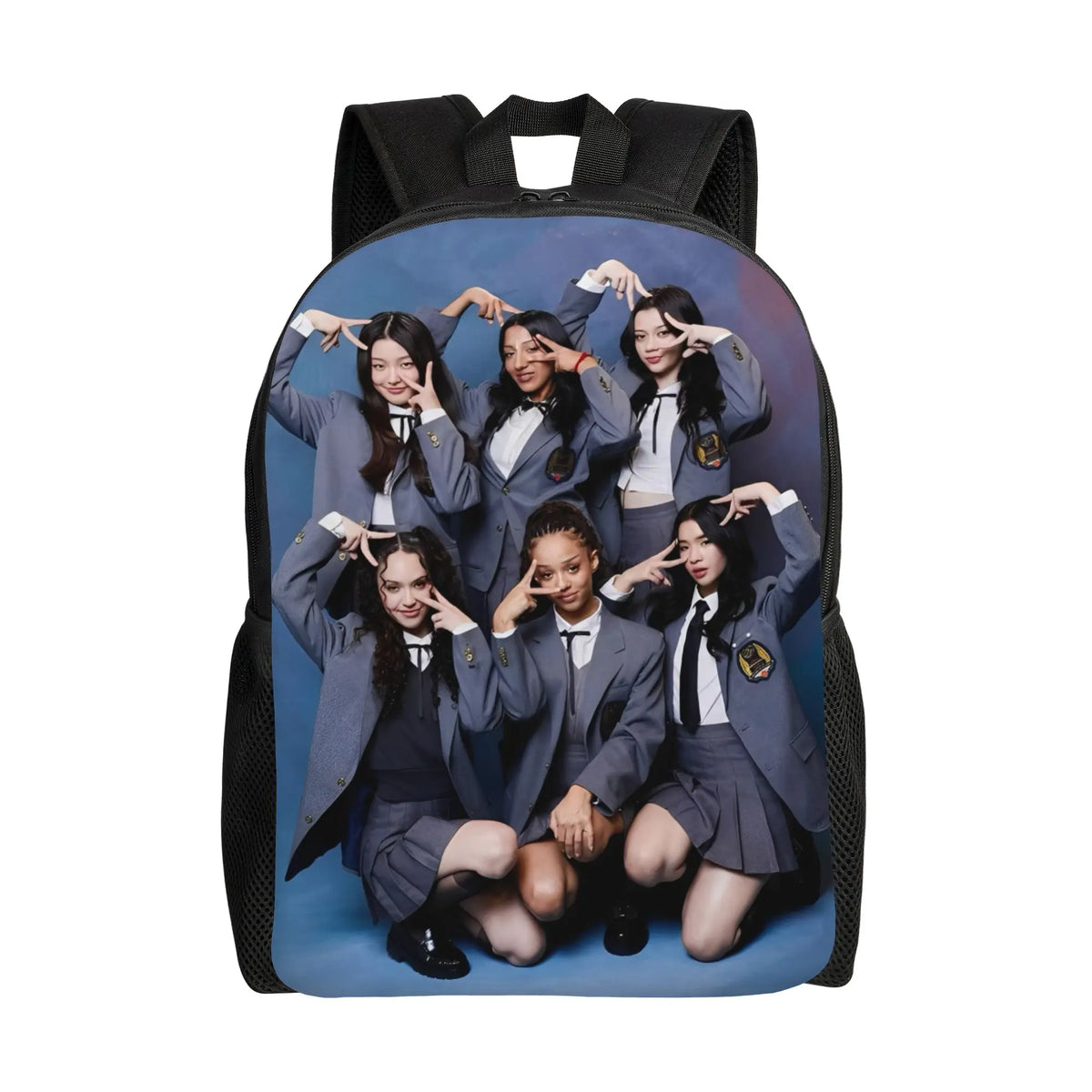 A dark blue canvas backpack featuring illustrations of five young women in school uniforms.