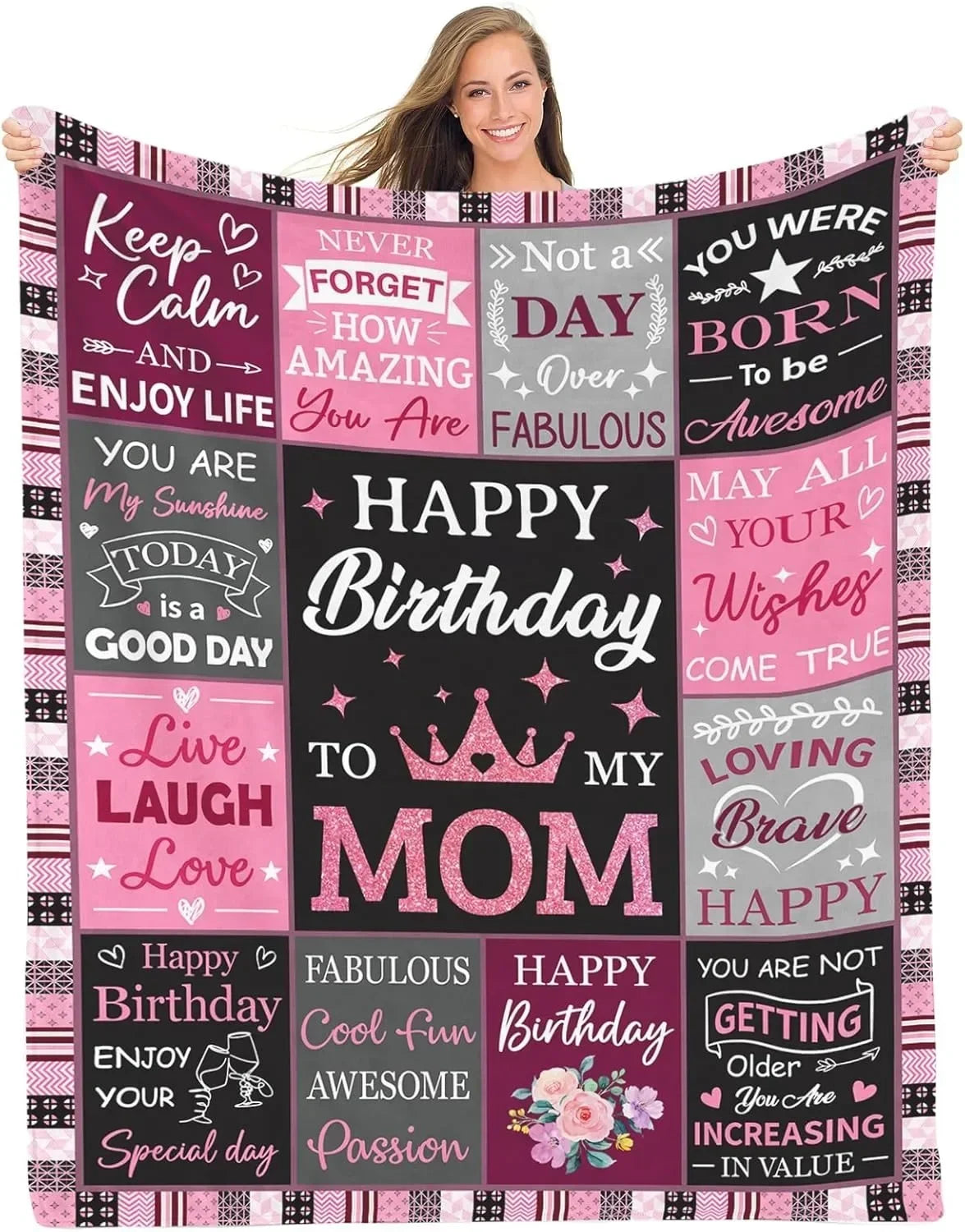 A printable knit blanket featuring various birthday and loving messages in pink and black text.