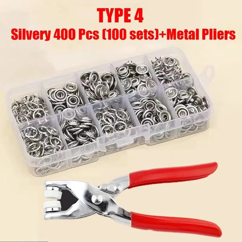 Silver Type 4 set of 400 snap buttons and metal pliers tool