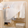 A transparent garment dust cover is shown draped over a clothes hanger in a closet setting.