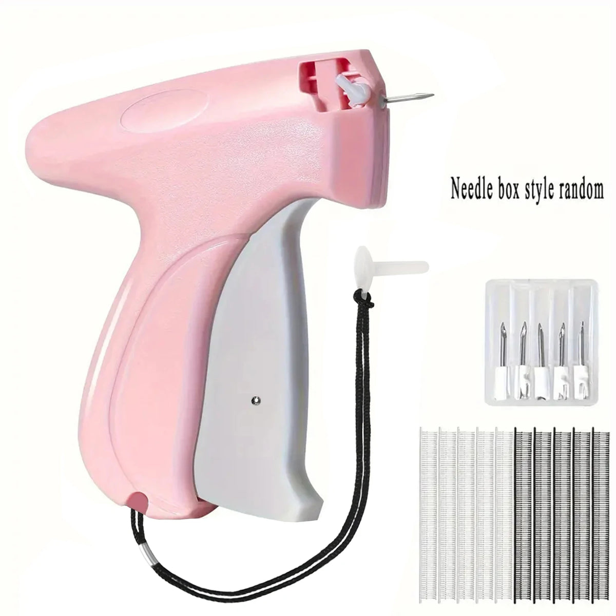 A pink needle box style random sewing tool with a long thread and multiple metal needles.