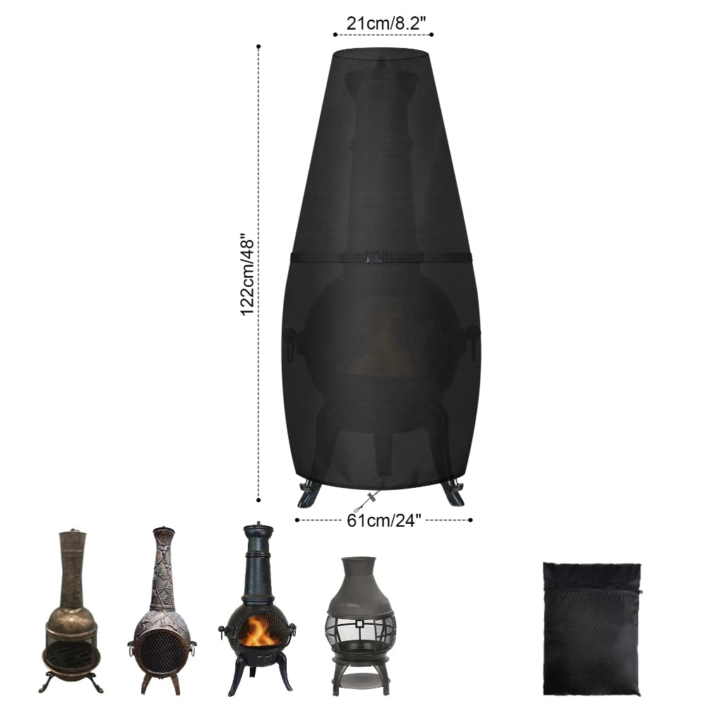 A heavy duty waterproof BBQ grill cover shown with various sizes and a black fabric bag.