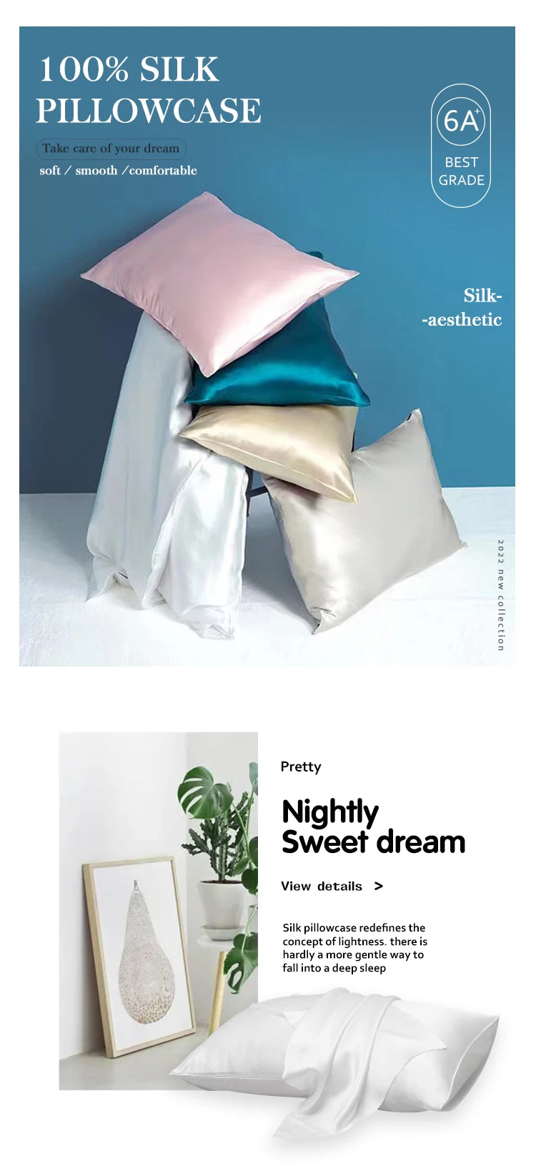 A collection of silk pillowcases in various shades including pink, teal, and silver, displayed on a white background.