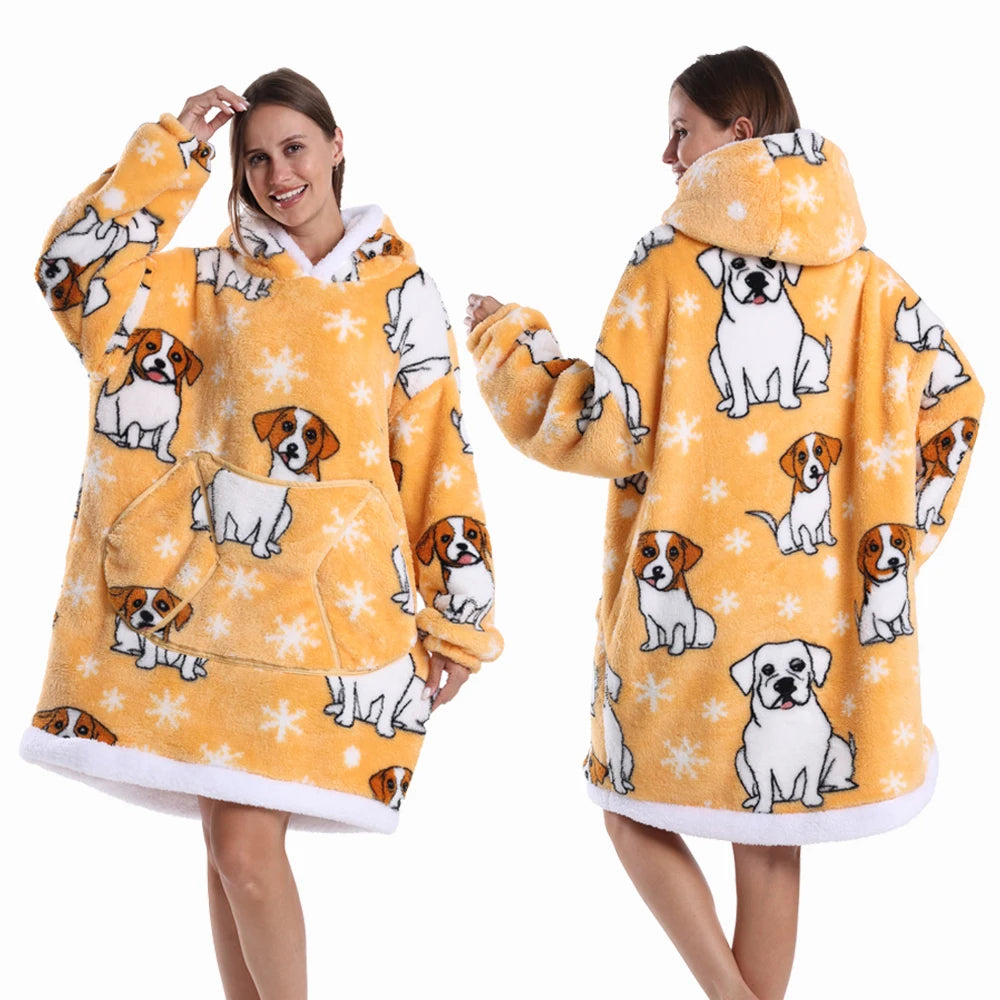 A woman models a yellow and white patchwork fleece hoodie with dog print for winter.