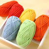 A collection of brightly colored flat thread yarn skeins in shades of orange, red, yellow, and blue arranged in a white box.