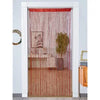 Decorative door string curtains in a reddish-pink hue hanging in a white frame.