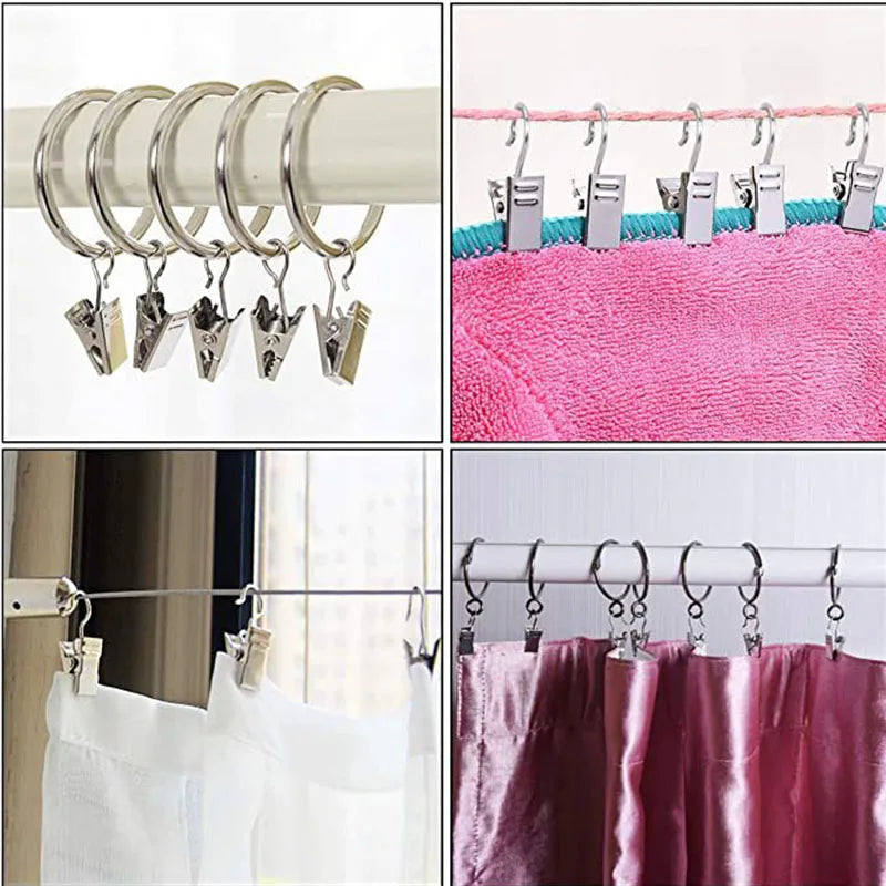 Flexible bendable curtain track with metal hooks and various colored fabric for hanging curtains