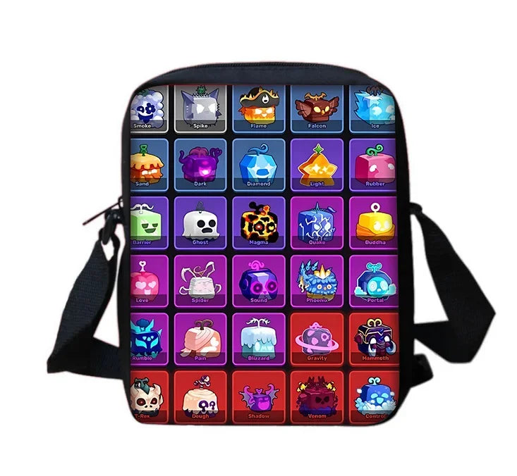 A black backpack featuring a grid of colorful cartoon icons and a matching shoulder bag.