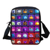 A black cartoon school backpack set featuring various themed compartments and a shoulder bag.