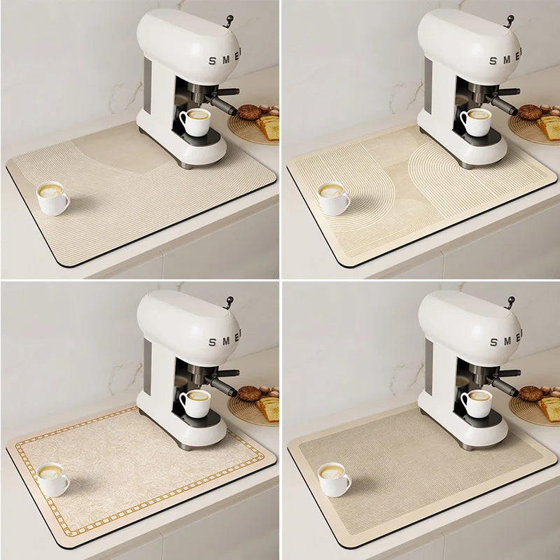 Four views of a white kitchen drain mat with gold accents placed on a countertop, showing its texture and use.