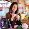 A woman is using a set of 22 size digital count crochet hooks and tools for crafting.