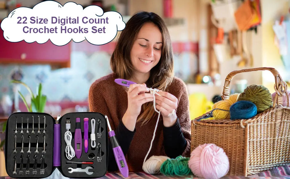 A woman is using a set of 22 size digital count crochet hooks and tools for crafting.