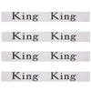 A set of four white elastic bed sheet organizer straps, each labeled King.