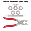 Silver pliers with 100 sets of 4mm eyelets and a red handle for precision work