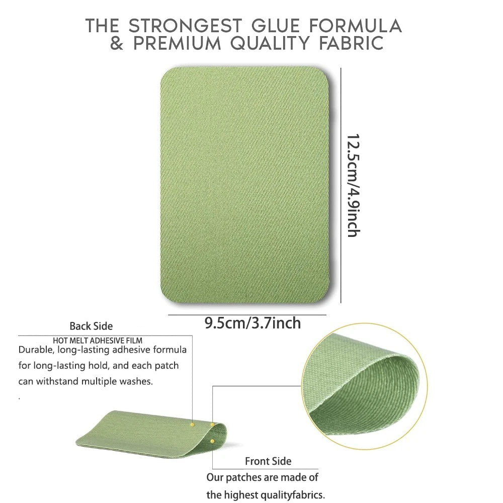 A rectangular light green fabric patch showing both the front and back sides, highlighting its glue formula and quality.