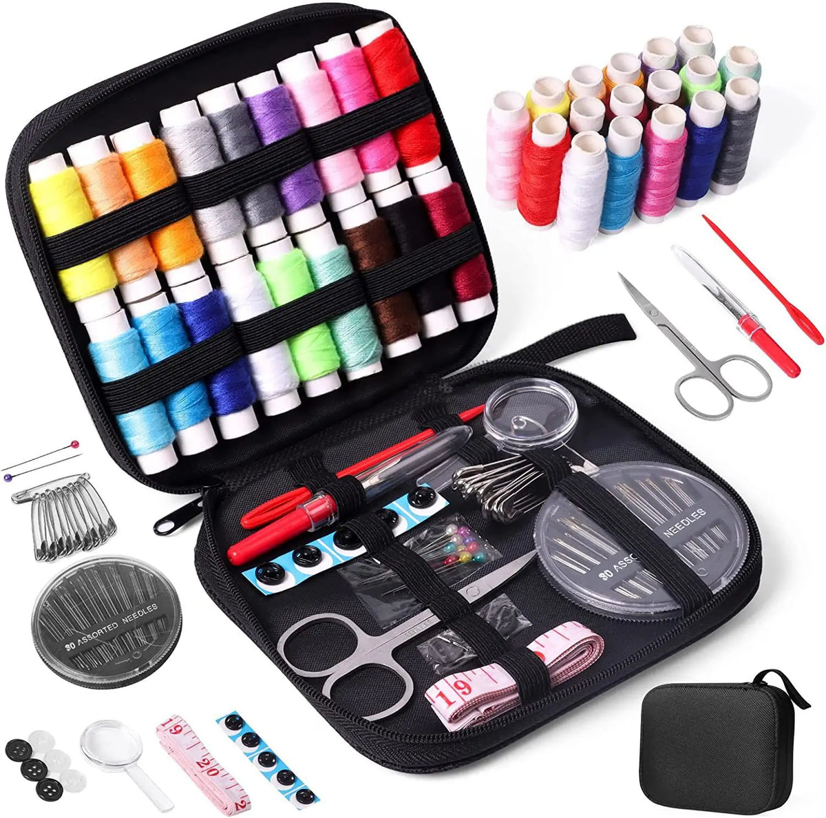 A portable sewing kit containing spools of thread, scissors, needles, and other sewing tools in a black case.