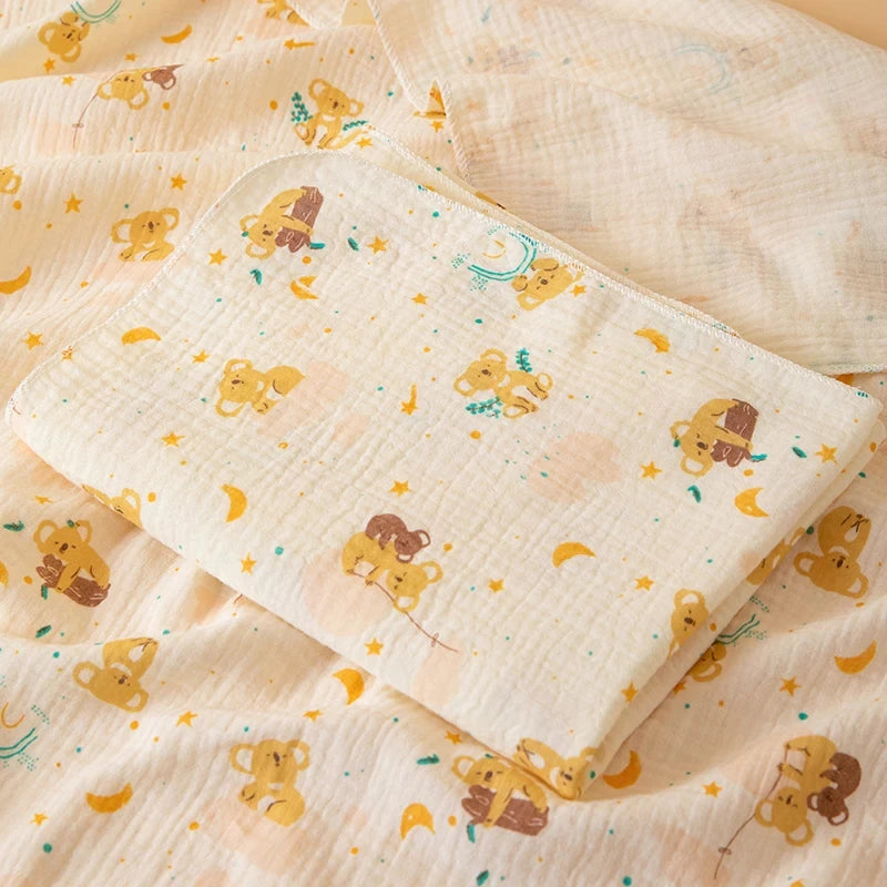 A soft double-layer cotton baby swaddle blanket with a light yellow background and scattered bear and moon patterns.